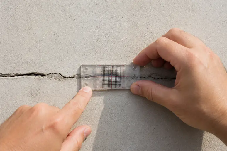 Mesure de la largeur d'une fissure horizontale sur un mur de maison avec un fissuromètre.