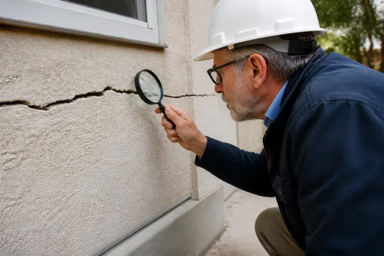 Expert du bâtiment inspectant une fissure horizontale importante sur un mur extérieur de maison.