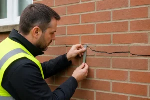 Expert immobilier mesurant la largeur d'une fissure horizontale maison sur un mur extérieur de résidence.