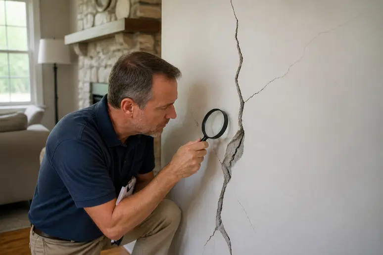 Expert du bâtiment examinant une fissure sur la cloison d'une maison.