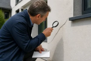 Un expert examine de près une fissure sur le mur extérieur d'une maison.