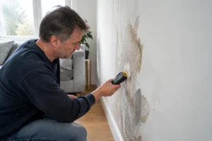 Propriétaire inspectant un mur avec un humidimètre avant de traiter l'humidité mur maison