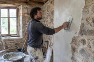 artisan appliquant un enduit à la chaux pour traiter l humidité murs maison ancienne