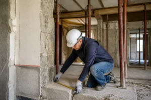 ouvrier du bâtiment vérifiant les appuis d un ipn mur porteur lors d une rénovation