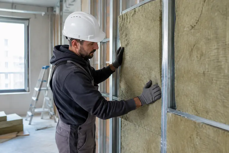 Pose de panneaux de laine minérale sur ossature métallique pour doubler un mur mitoyen