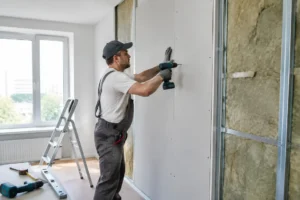 Artisan posant un isolant phonique sur un mur mitoyen d'un appartement en rénovation