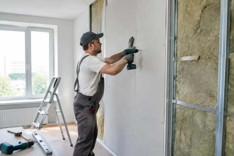 Artisan posant un isolant phonique sur un mur mitoyen d'un appartement en rénovation