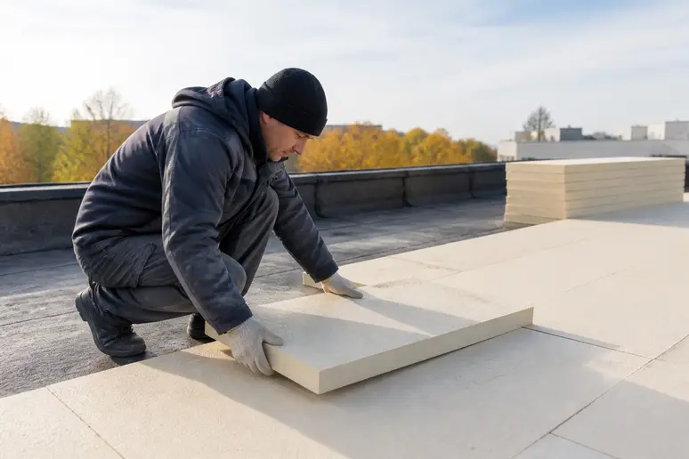 Ouvrier posant des panneaux d'isolant pour toiture terrasse sur un toit plat