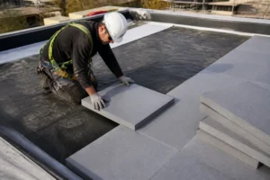 Un ouvrier pose un isolant pour toiture terrasse sur un toit plat en rénovation