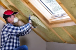 Un artisan pose de l'isolation sous toiture avec de la laine minérale dans des combles.