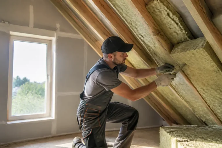 Un artisan pose une isolation sous toiture entre chevrons dans les combles d'une maison.