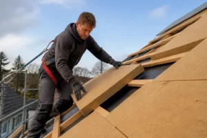 artisan posant des panneaux de isolation toiture par l extérieur sur une charpente de maison