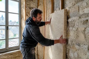artisan posant un isolant biosourcé pour isoler mur humide maison ancienne dans le respect de la pierre