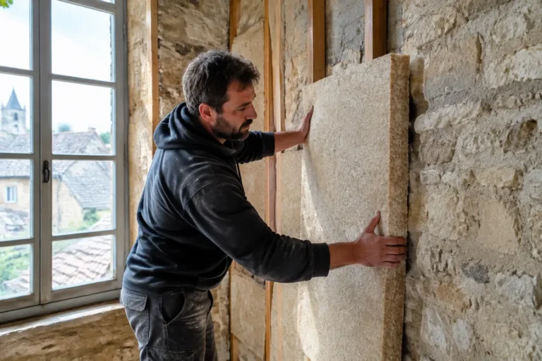 artisan posant un isolant biosourcé pour isoler mur humide maison ancienne dans le respect de la pierre
