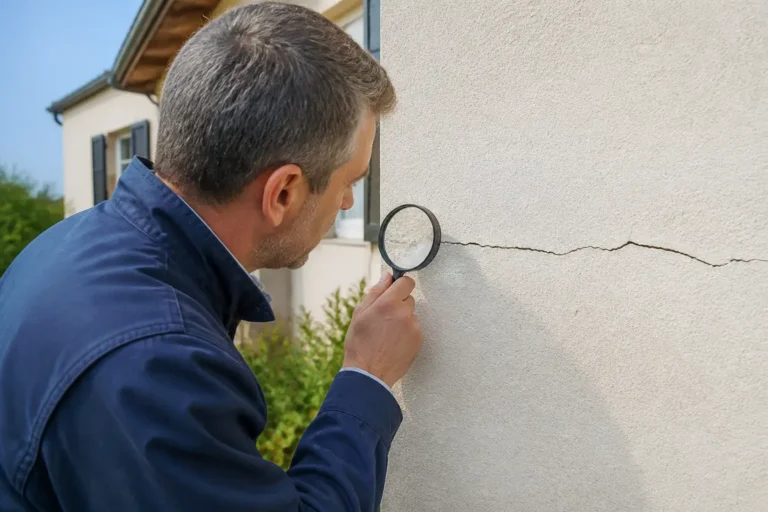 Un expert examine les dégâts sur le mur d'une maison fissurée lors d'une inspection technique extérieure.
