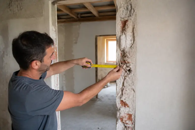 Ouvrier mesurant l'épaisseur d'un mur porteur pour identifier sa structure avant des travaux.