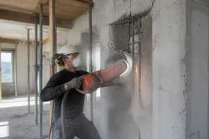 Un artisan découpe un mur porteur avec une scie à béton sur un chantier de rénovation.
