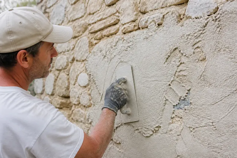 Application d'un enduit à la chaux pour permettre au mur ancien humide de sécher