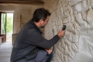 artisan inspectant un mur humide maison ancienne lors d un diagnostic de renovation interieure