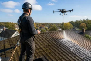 Un professionnel utilise un drone pour effectuer un nettoyage toiture prix abordable sur une maison.