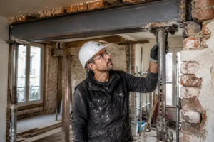 chantier de rénovation avec pose d'une structure métallique pour ouverture mur porteur dans un appartement