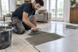 Artisan appliquant de la colle pour poser du carrelage sur du carrelage dans un salon