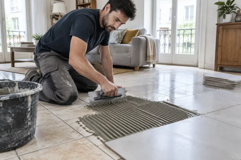 Artisan appliquant de la colle pour poser du carrelage sur du carrelage dans un salon