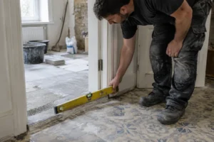 Un artisan vérifie le niveau du sol pour comprendre pourquoi il faut connaître les poser du carrelage sur du carrelage inconvénients.