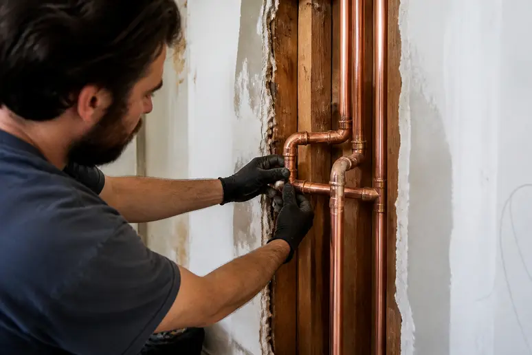 Un artisan installe de nouvelles canalisations lors de la rénovation lourde d'un appartement.