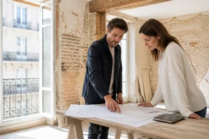 Architecte et propriétaire analysant le chantier pour évaluer le prix au m2 rénovation appartement avant les travaux