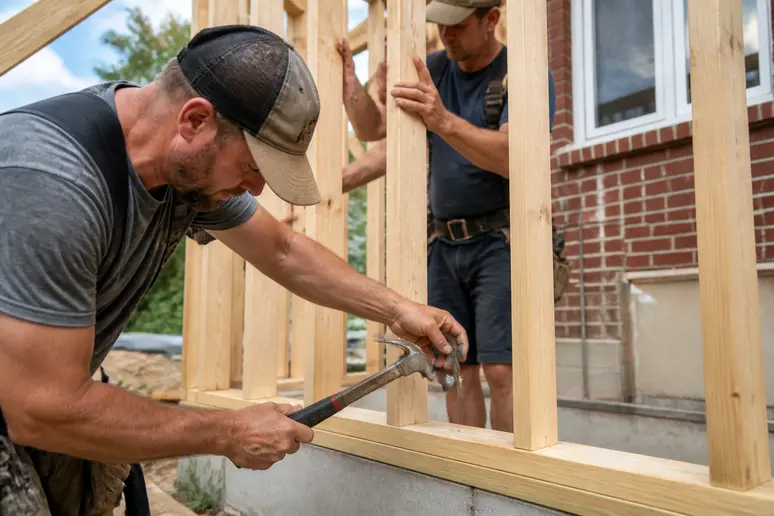 Ouvriers assemblant la structure en bois d'un agrandissement de maison de plain-pied.