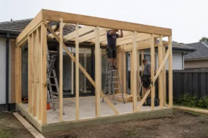 Chantier d'agrandissement en bois illustrant le prix extension maison 20m2 dans un jardin pavillonnaire.