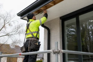 artisan installant des lames de PVC pour un prix pose lambris pvc sous toiture rénovation réussi