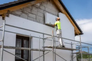 Ouvrier installant une isolation thermique sur un pignon dans le cadre d'un prix rénovation mur pignon.
