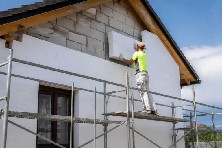 Ouvrier installant une isolation thermique sur un pignon dans le cadre d'un prix rénovation mur pignon.