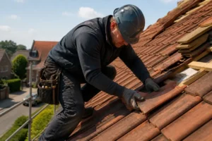 Ouvrier qualifié posant des tuiles lors d'une rénovation de toiture: comment choisir les tuiles adaptées au vent