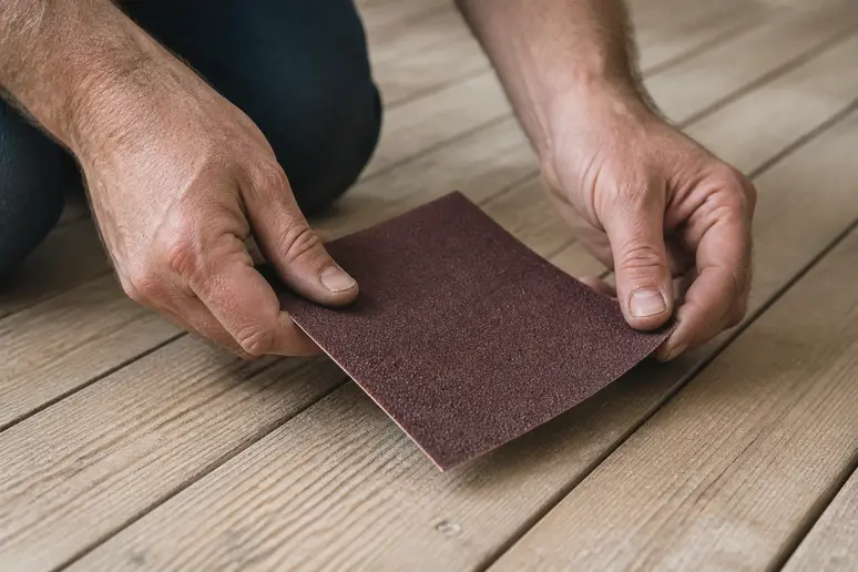 Un artisan sélectionne un abrasif adapté pour la rénovation de son plancher bois
