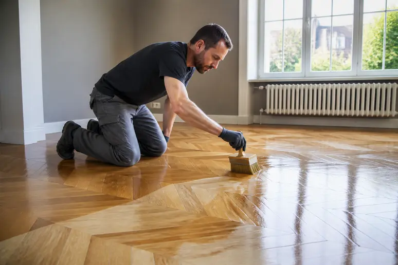 Application minutieuse de la finition sur les lames de parquet en bois
