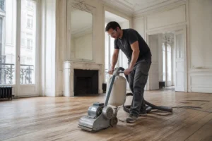 artisan qualifié utilisant une ponceuse professionnelle lors de la rénovation plancher bois d'un appartement lumineux