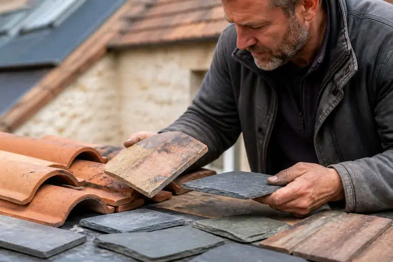 Artisan examinant des échantillons de tuiles et d'ardoises pour la déclaration préalable