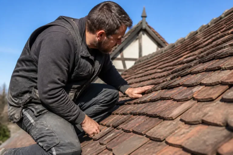 artisan qualifié inspectant une rénovation toiture 68 sur une maison traditionnelle