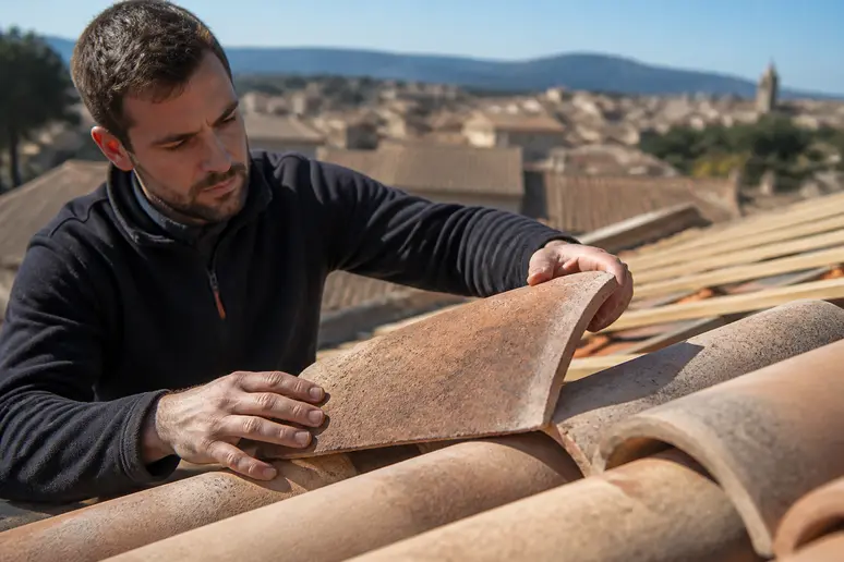 Artisan couvreur inspectant des tuiles en terre cuite lors d'une rénovation de toiture à Aix-en-Provence