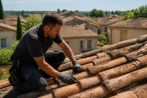 Un artisan inspecte des tuiles lors d'une rénovation toiture aix en provence sur une maison traditionnelle.
