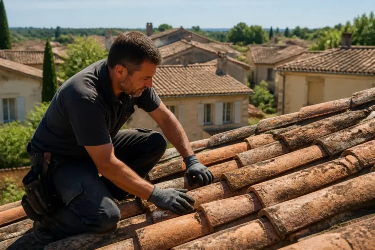 Un artisan inspecte des tuiles lors d'une rénovation toiture aix en provence sur une maison traditionnelle.