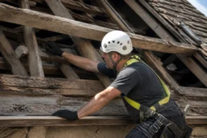 Un artisan inspecte la charpente en bois lors d'une rénovation toiture ancienne pour identifier d'éventuelles infiltrations.