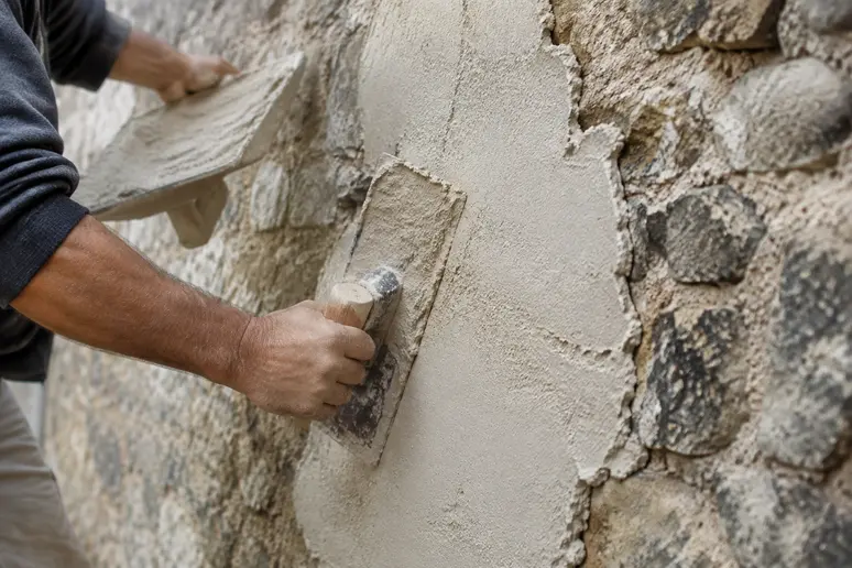 Application d'un enduit à la chaux respirant sur un mur ancien en pierre