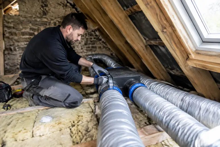 Installation d'une gaine de ventilation dans les combles d'une maison ancienne