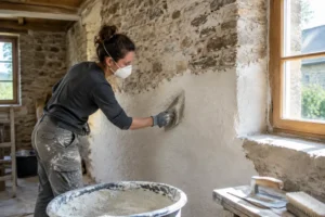 artisan appliquant un enduit à la chaux pour rénover maison ancienne un projet de transformation durable