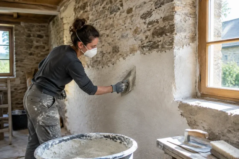 artisan appliquant un enduit à la chaux pour rénover maison ancienne un projet de transformation durable