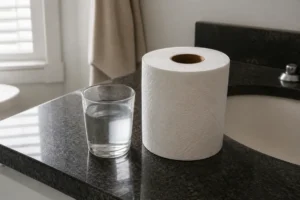 Un rouleau de papier toilette posé sur un meuble pour un test maison fissure poche des eaux